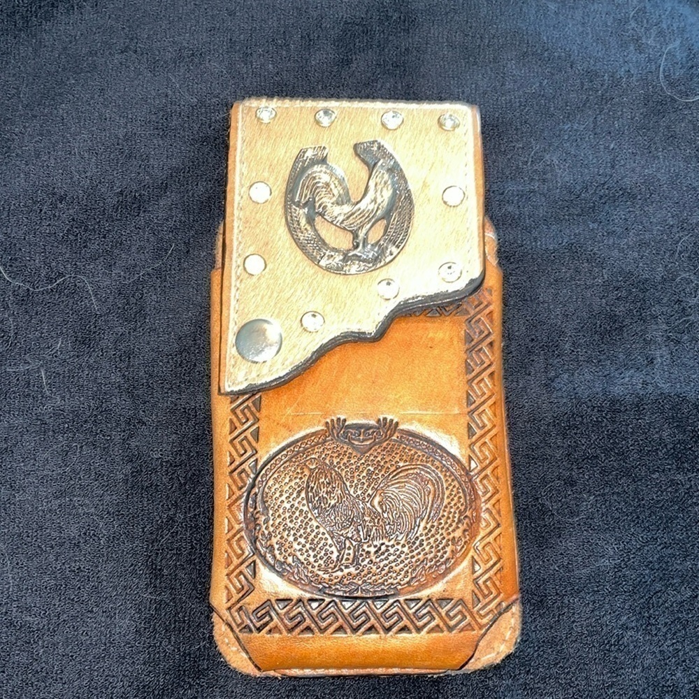Handmade Cowboy Belt Loop Bag Carved Leather Rooster Wild West